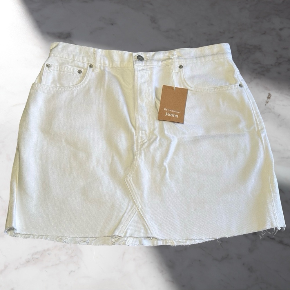 Reformation Cherry Denim Mini Skirt In White Size 31